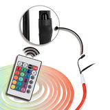 Colorful LED strip light with remote control and black connector cable for flexible color settings.