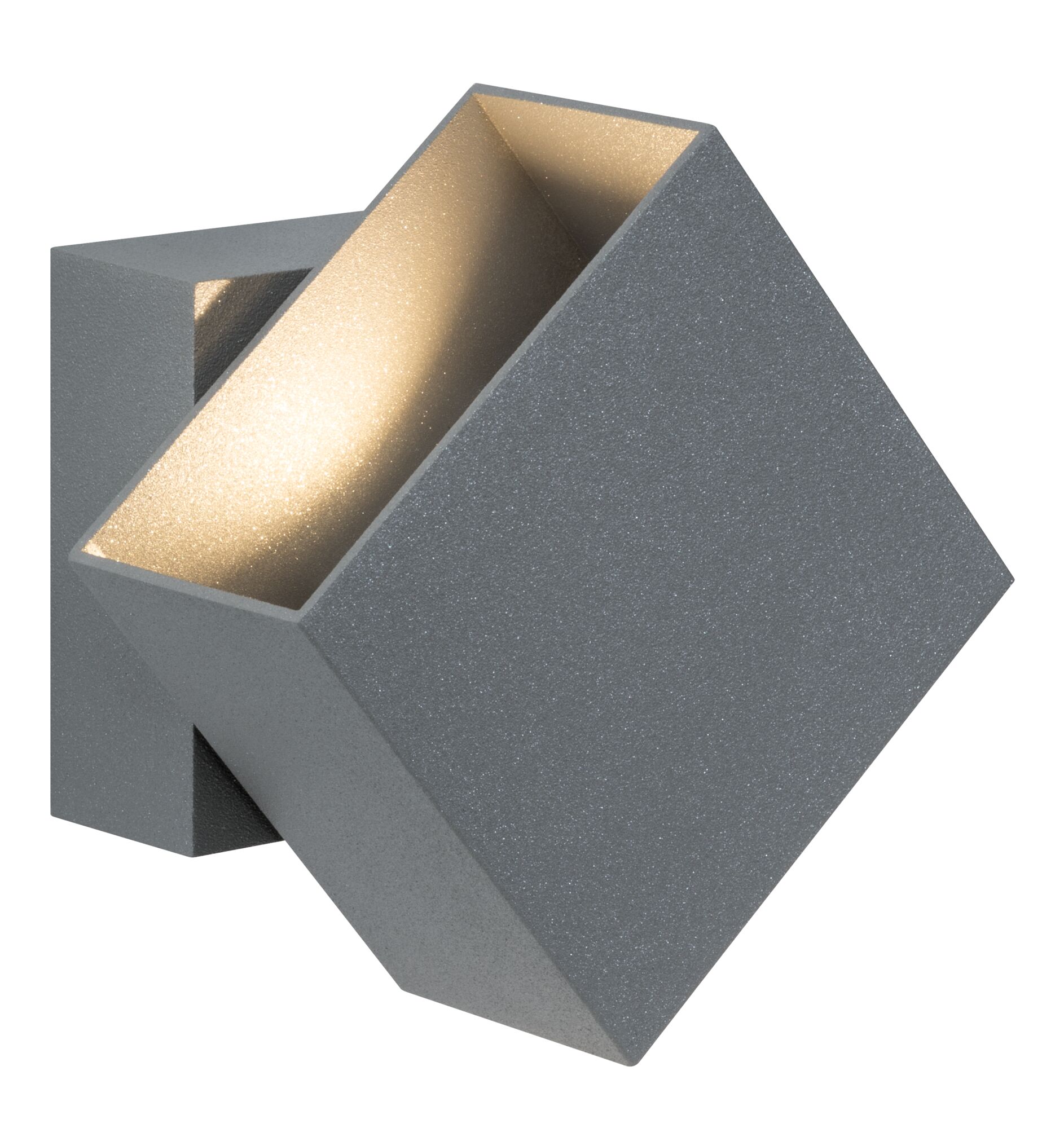 Grey cube wall light made of metal with warm white LED for modern indoor lighting