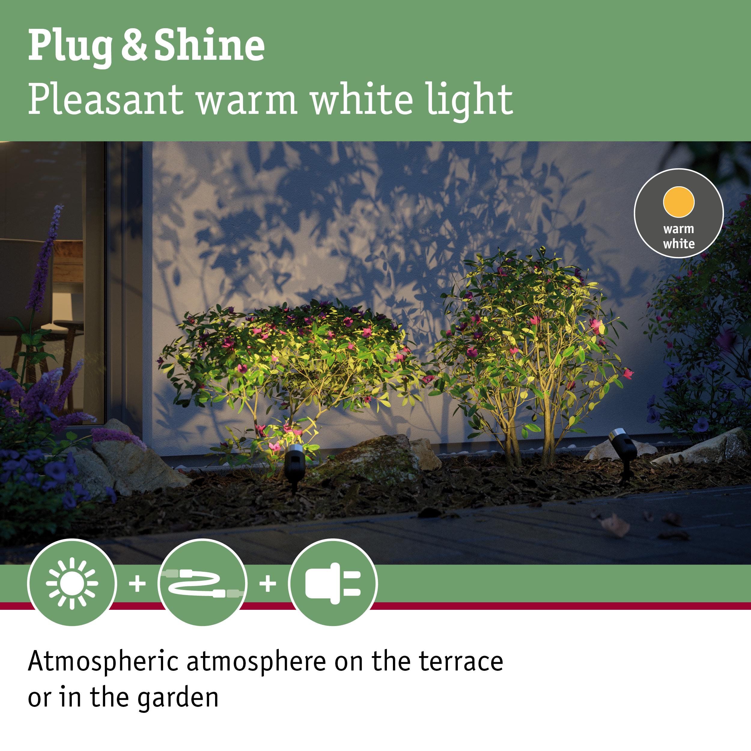 Plug & Shine warm white LED garden lights illuminating green shrubs with pink flowers at night