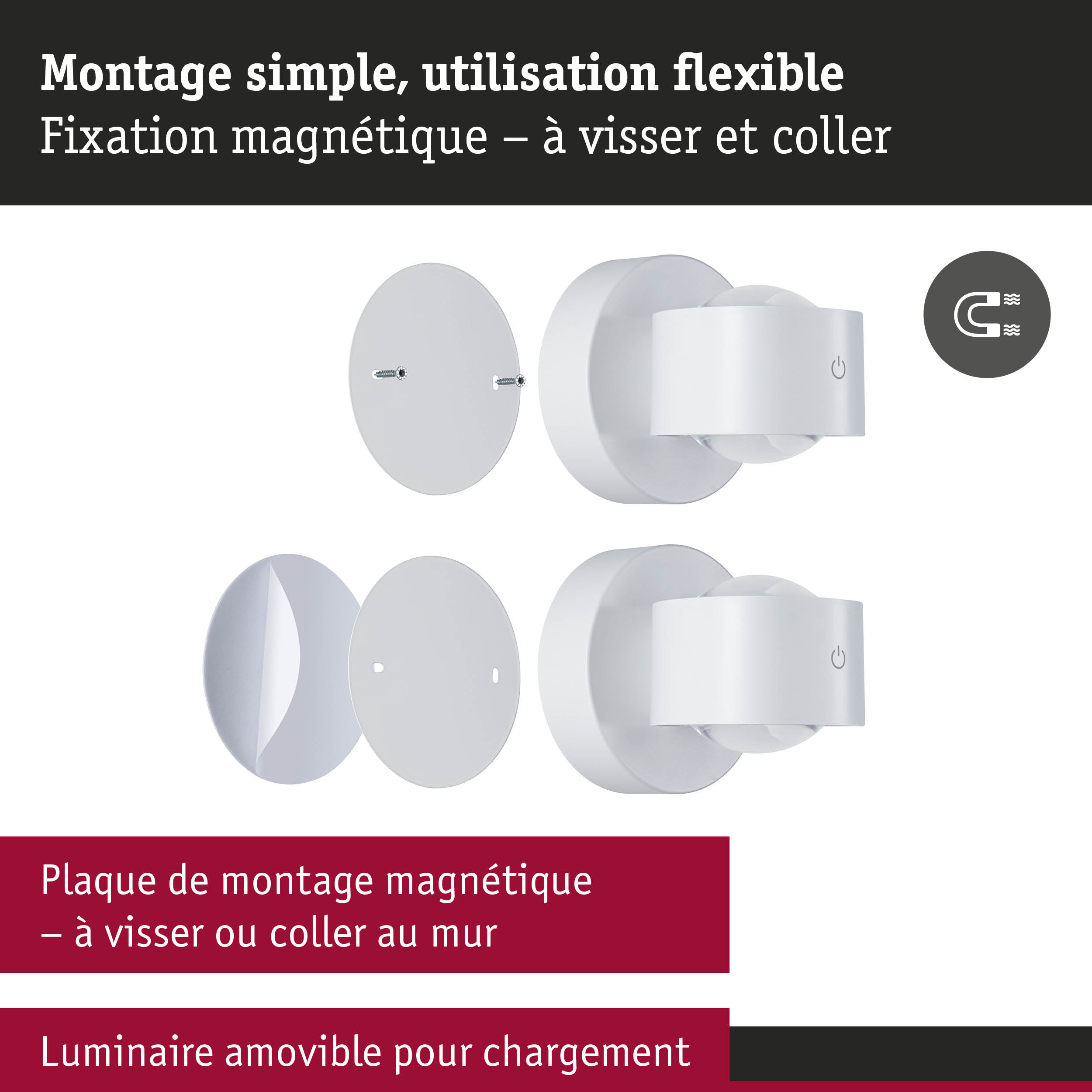 Plaque de montage magnétique blanche avec vis pour fixation flexible des luminaires LED