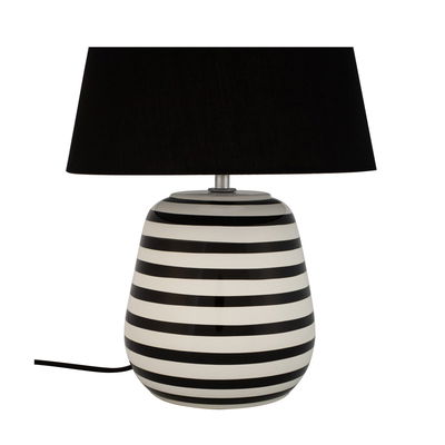 Lampe de table avec pied en céramique rayé noir et blanc et abat-jour en tissu noir pour intérieur