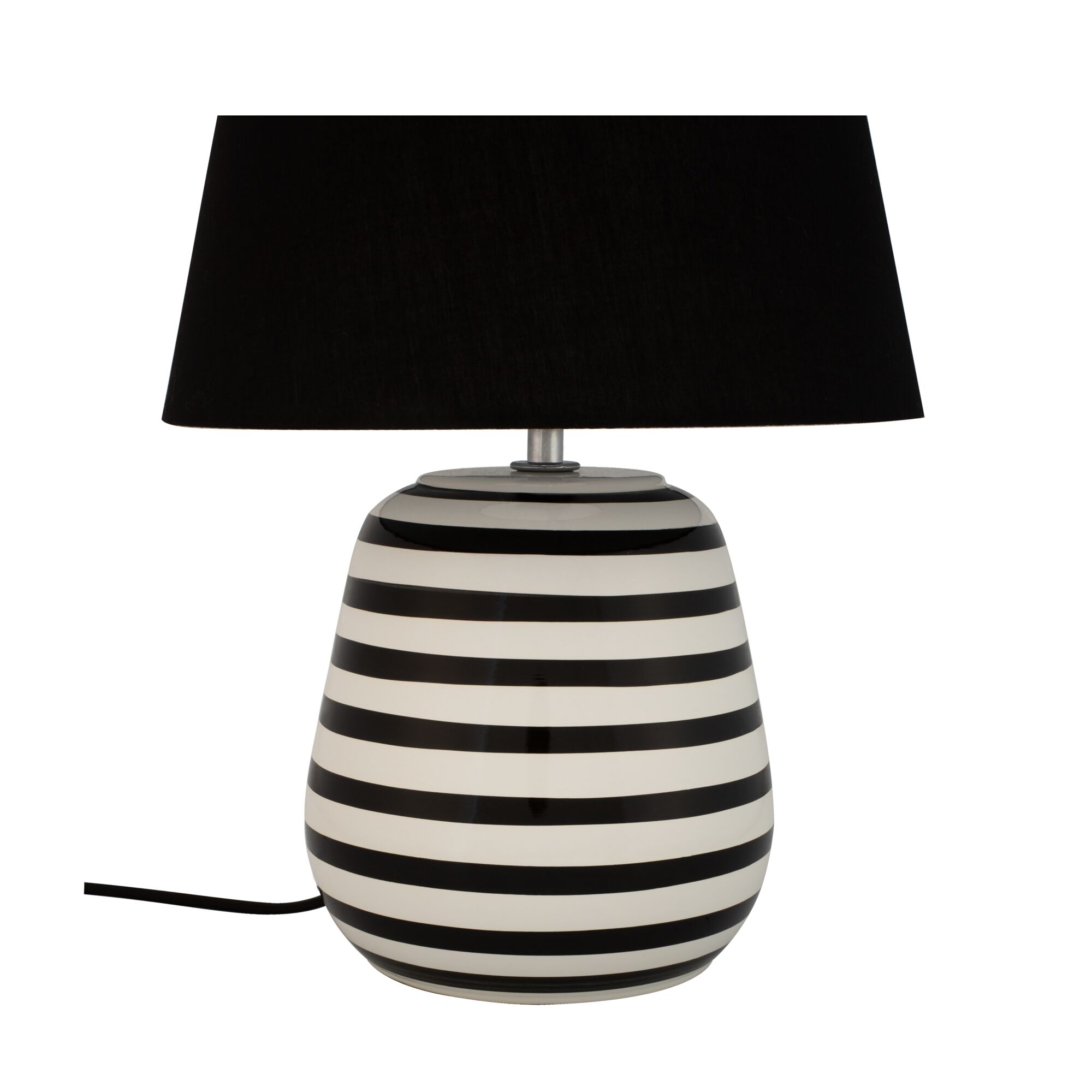 Lampe de table avec pied en céramique rayé noir et blanc et abat-jour en tissu noir pour intérieur