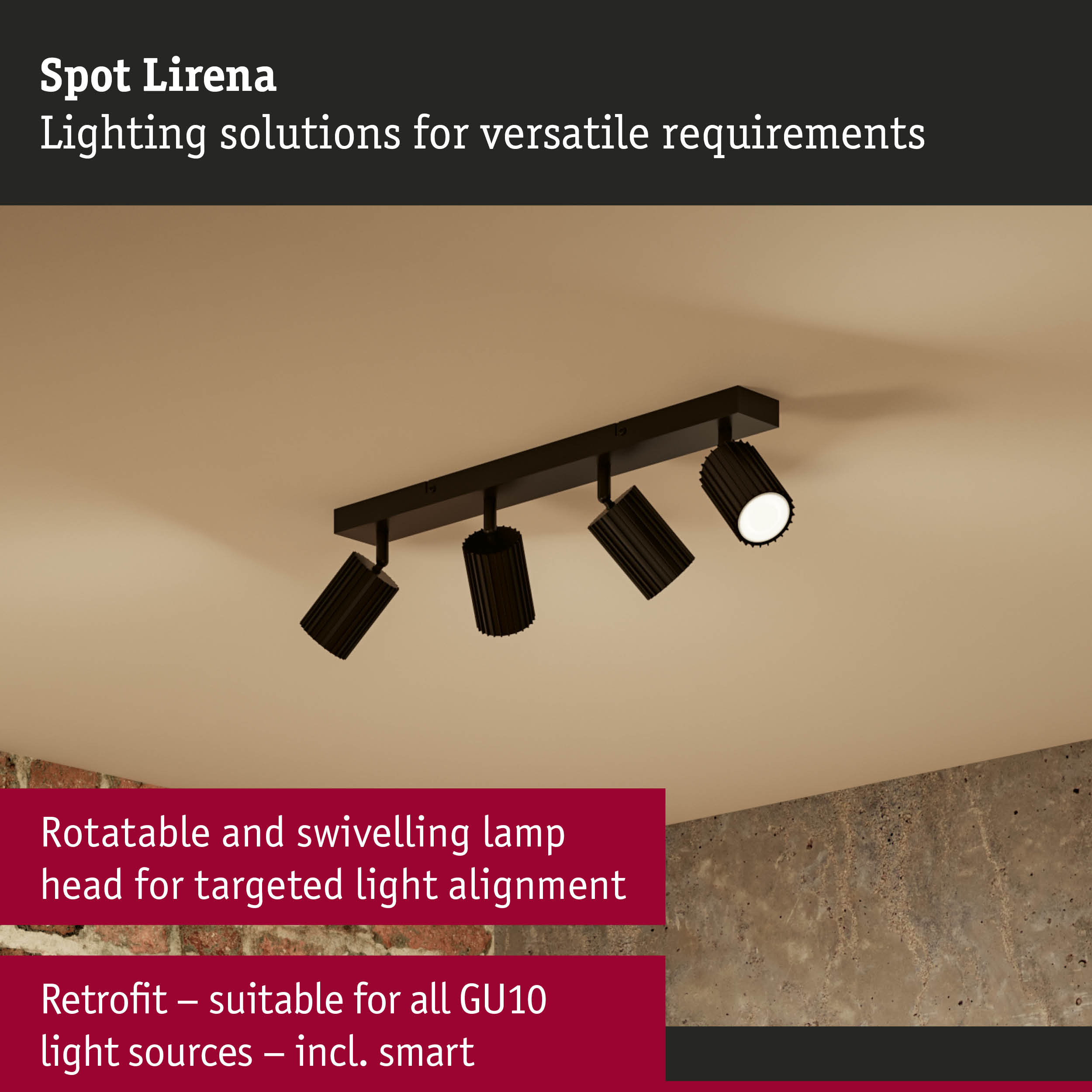Black Spot Lirena ceiling light with four rotatable and swivelling metal lamp heads