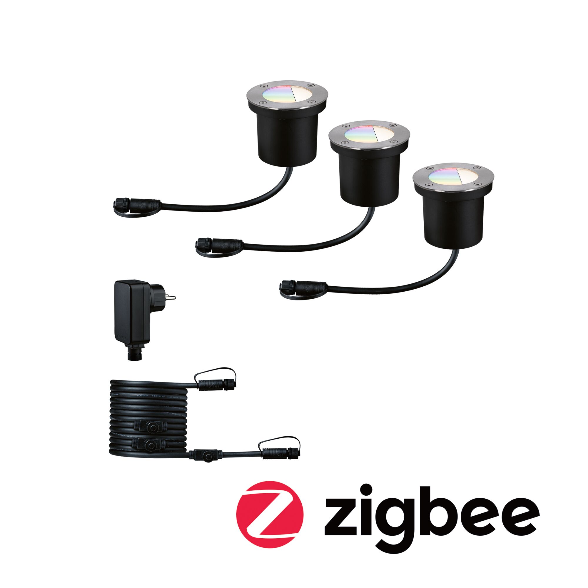 Plug & Shine LED Bodeneinbauleuchte Smart Home Zigbee 3.0 RGBW Basisset IP67 RGBW+ 3x3,7W Silber Schwarzes LED-Einbauleuchten-Set mit Edelstahlrand und Kabel für Zigbee Smart Home Beleuchtung