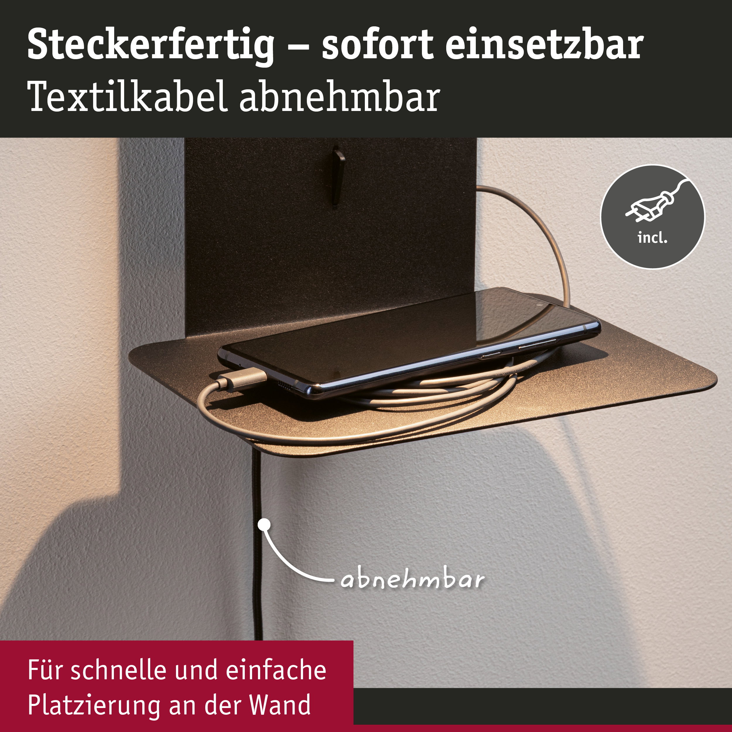 Schwarzes Wandregal aus Metall mit abnehmbarem Textilkabel und Smartphone-Ladestation