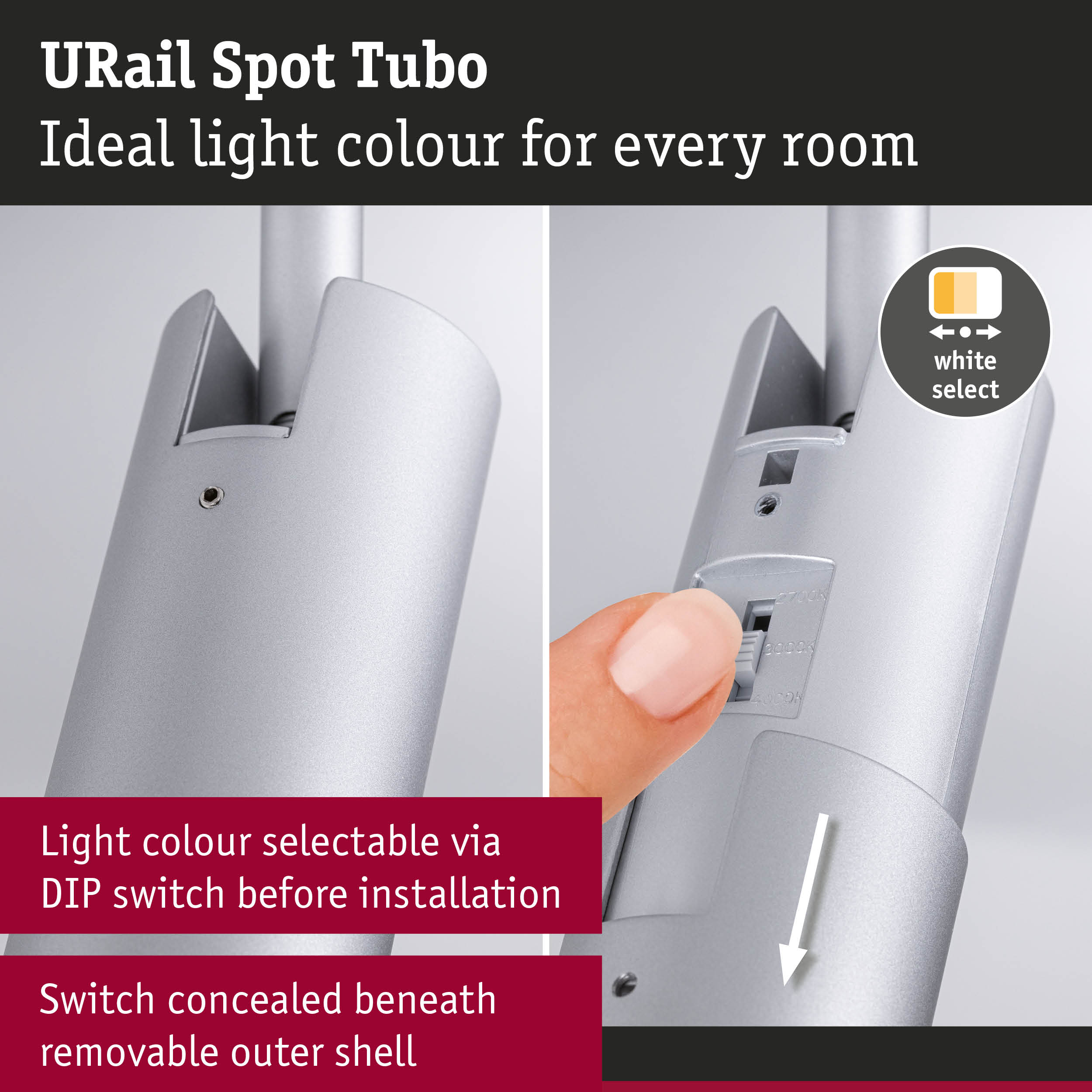 URail Spot Tubo silver metal spotlight with DIP switch to select light colour before installation
