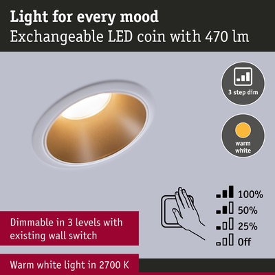 Recessed LED spotlight with exchangeable LED coin, warm white light and 3-step dimming feature