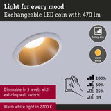Recessed LED spotlight with exchangeable LED coin, warm white light and 3-step dimming feature