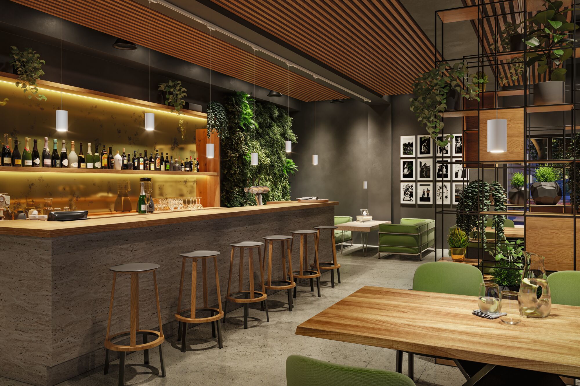 Modern interieur van bar met houten toonbank, groene zitplaatsen en witte hanglampen voor sfeerverlichting