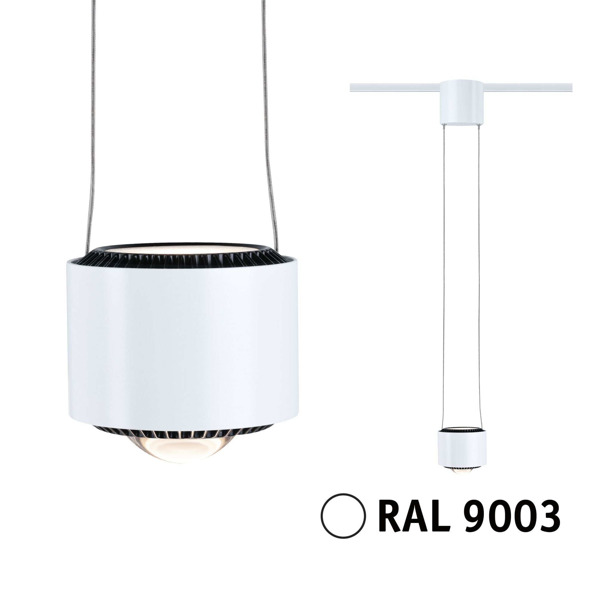 Moderner weißer LED-Pendelleuchte mit schwarzem Kühlkörper und dimmbarer Lichtquelle für Wohnräume