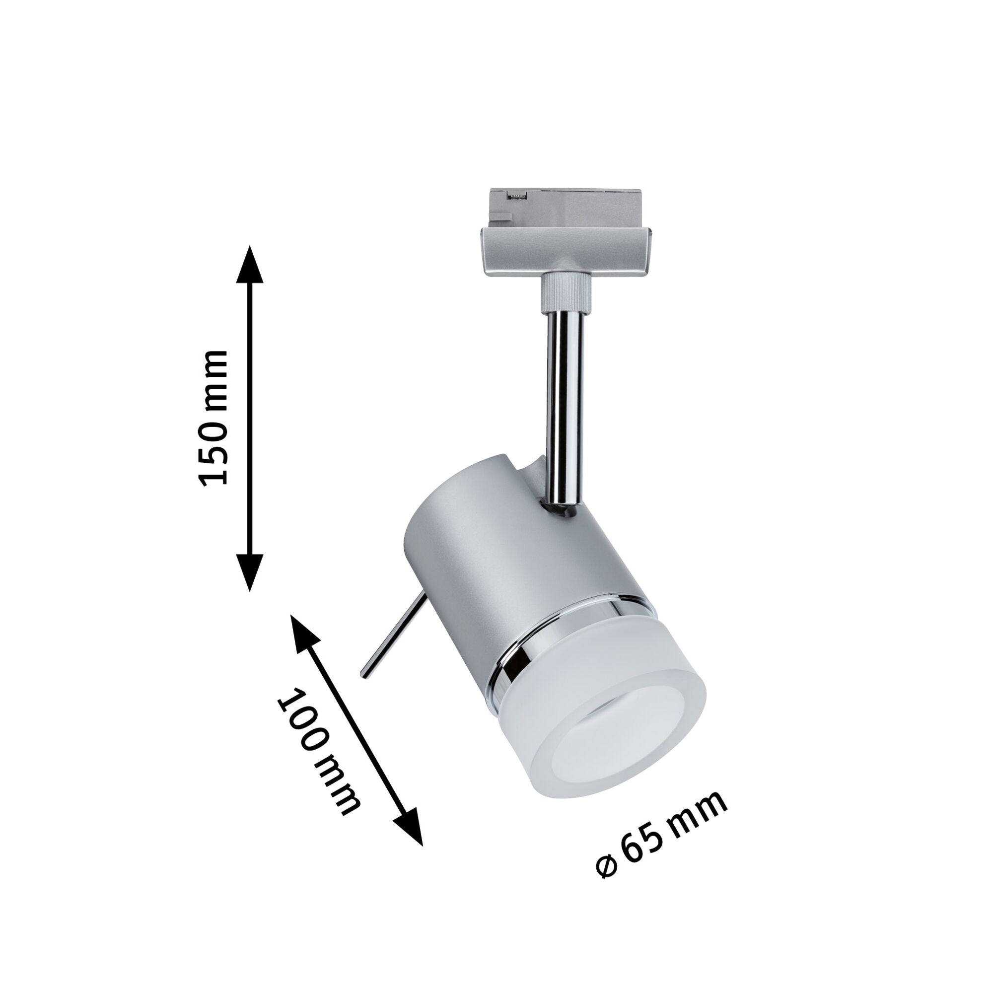 Projecteur LED argenté moderne avec diffuseur blanc, hauteur 150 mm, longueur 100 mm, diamètre 65 mm