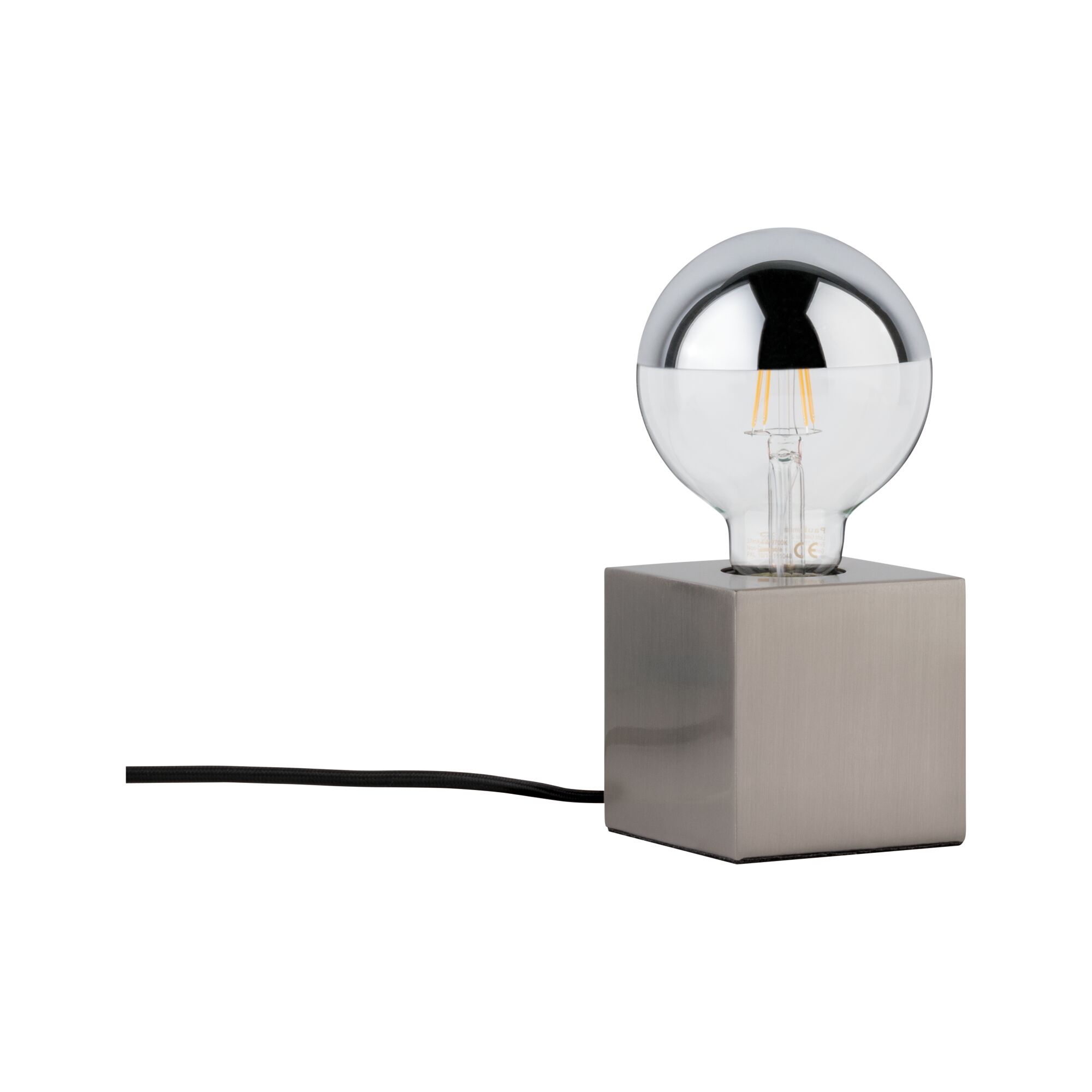 Lampe de table moderne avec base carrée en métal et ampoule argentée semi-transparente, éclairage LED.
