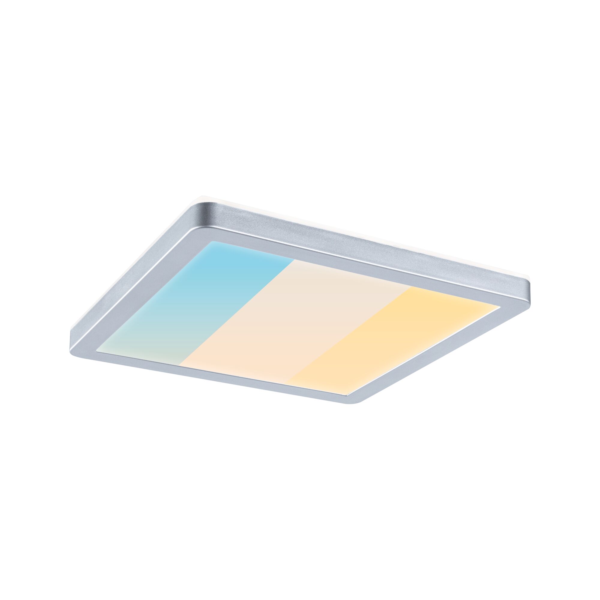 LED Panel Atria Shine White Select IP44 angular 190x190mm 8W 1160lm White Select Chrome matt Rectangular LED ceiling light with aluminum frame and adjustable color temperature gradient in blue, white, yellow.