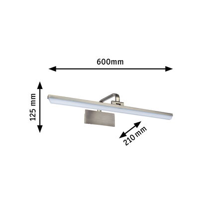 Moderner LED-Wandleuchter aus gebürstetem Metall in Silber mit Abmessungen 600x125x210 mm