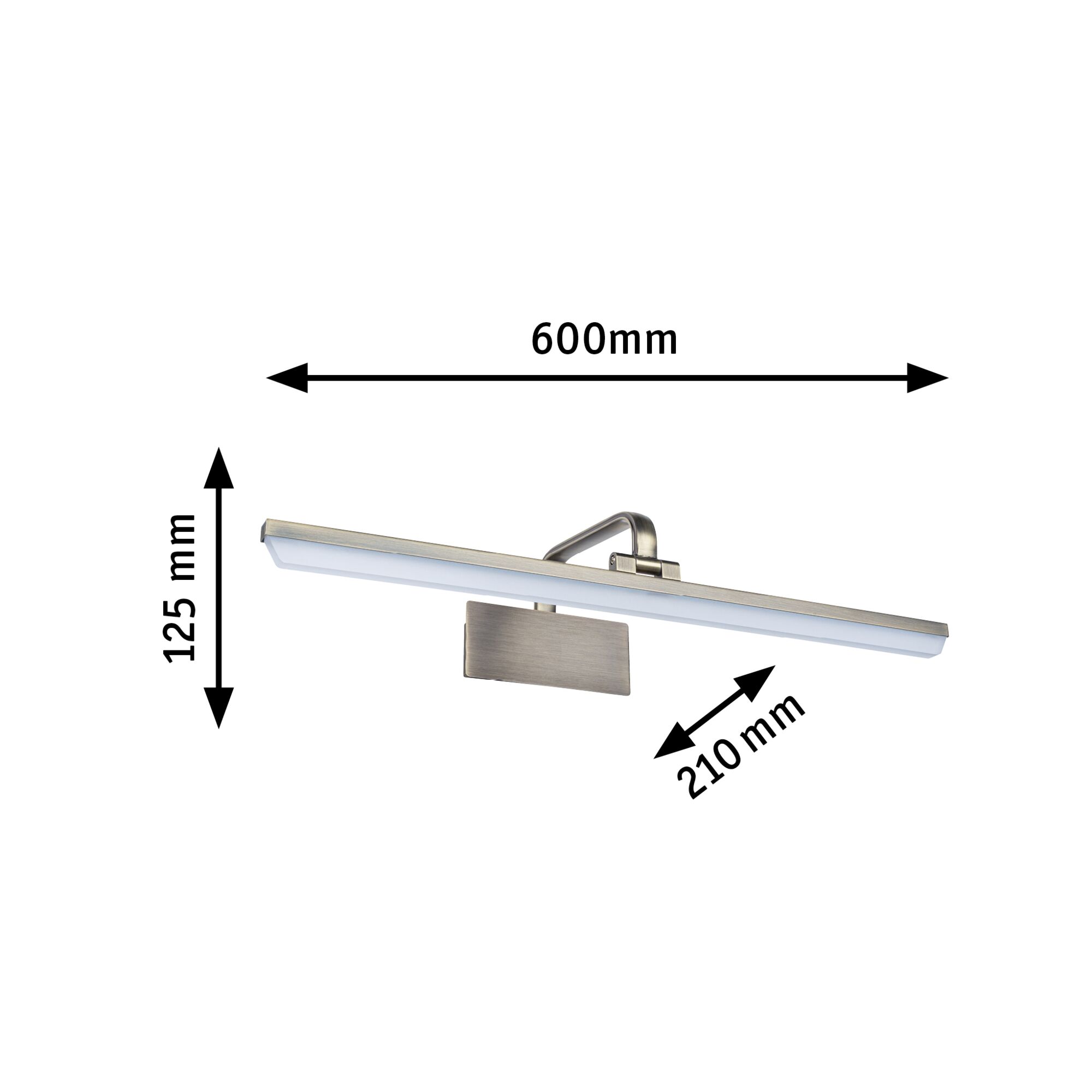 Moderne LED-væglampe i børstet sølvmetal med mål 600x125x210 mm til indendørs belysning