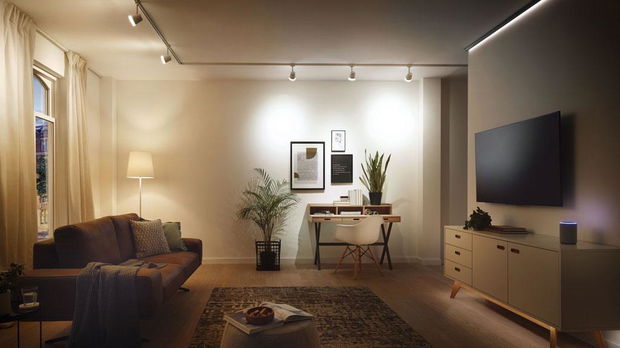 Moderne woonkamer met bruine bank, staande lamp en slimme plafondspots voor flexibele verlichting.