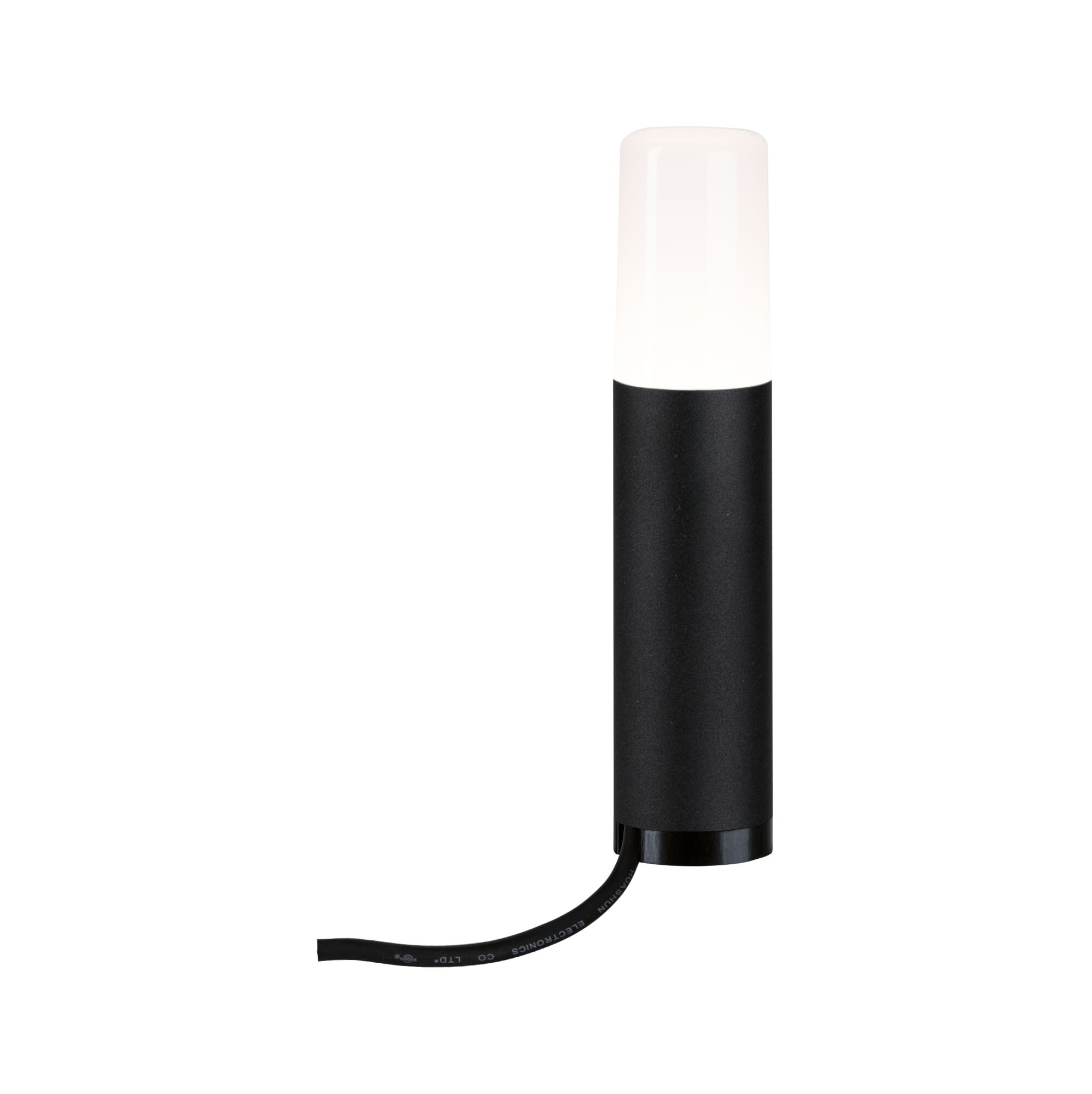 Sort LED-udendørslampe med hvid diffuser og kabel til havebelysning