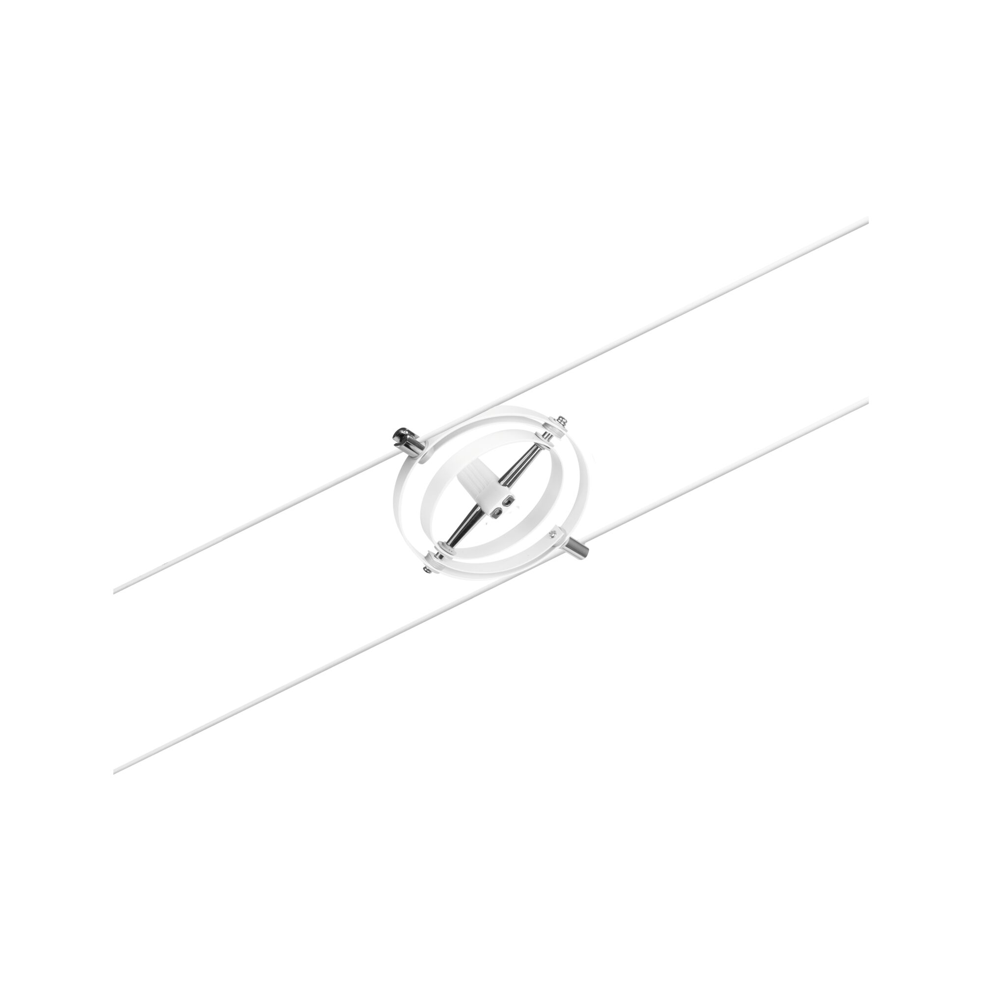 Modern white cable spotlight with metal ring and adjustable lamp head for flexible lighting solutions