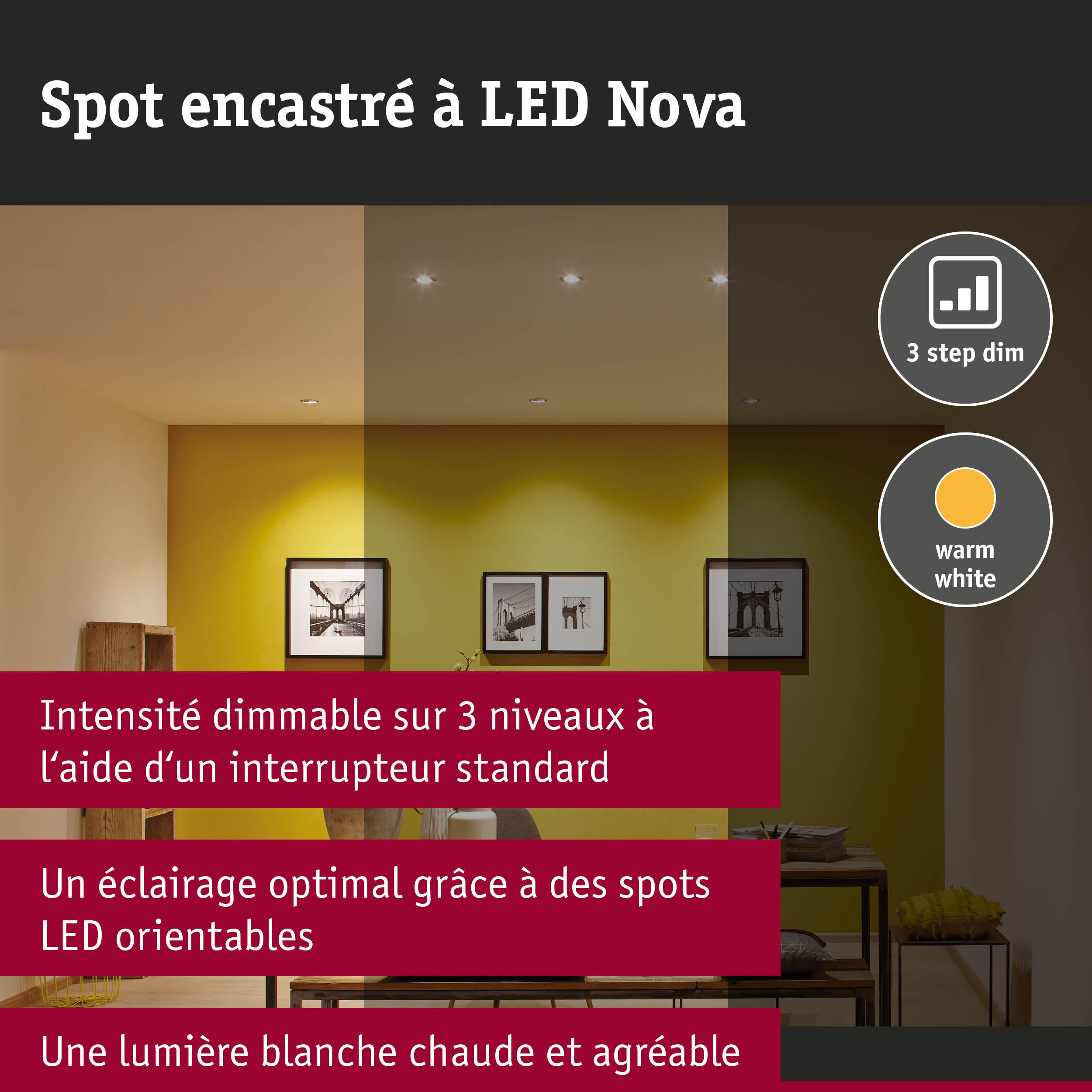 Spot encastré LED 3-Step-Dim Nova Kit de base orientable carré 84x84mm 50° GU10 3x6,5W 3x460lm 230V gradable 2700K Blanc dépoli