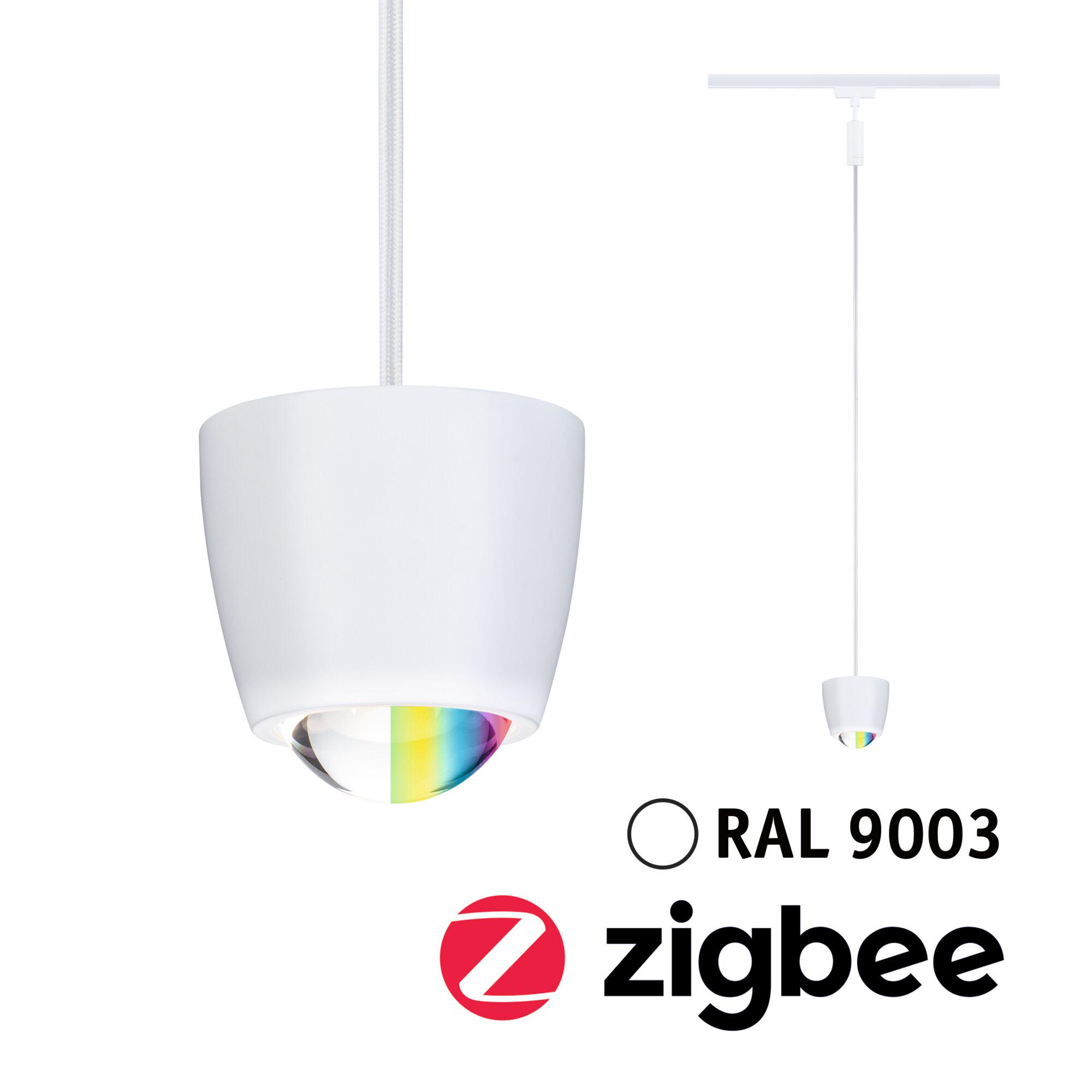 URail Suspension Smart Home Zigbee 3.0 Tyros RGBW 200lm 4,5W RGBW+ gradable 230V Blanc signal Suspension en métal blanc avec boule en verre prisme colorée et fonction Zigbee pour éclairage intelligent