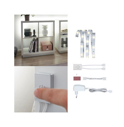 White LED strip light with control unit and power adapter, perfect for furniture lighting and room accents