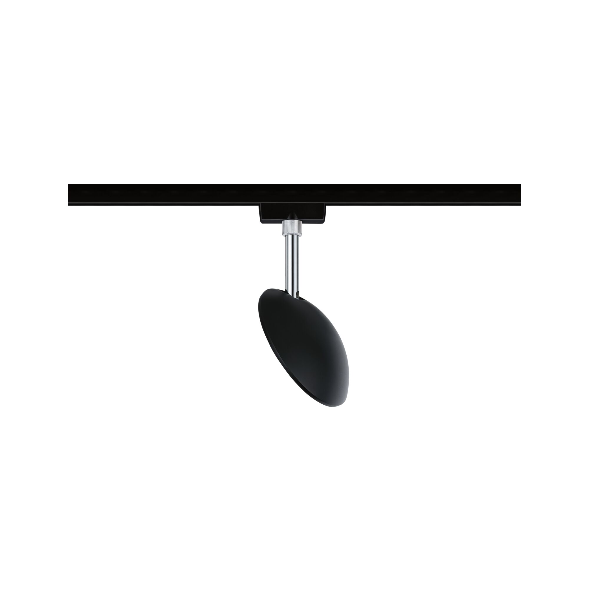 Black metal LED spotlight with adjustable head on black track for modern lighting solutions