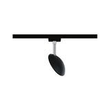 Black metal LED spotlight with adjustable head on black track for modern lighting solutions