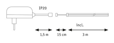 Technical drawing of power adapter with 1.5 m cable, 15 cm connector, and 3 m lead, IP20 rating