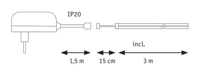 Technical drawing of power adapter with 1.5 m cable, 15 cm connector, and 3 m lead, IP20 rating