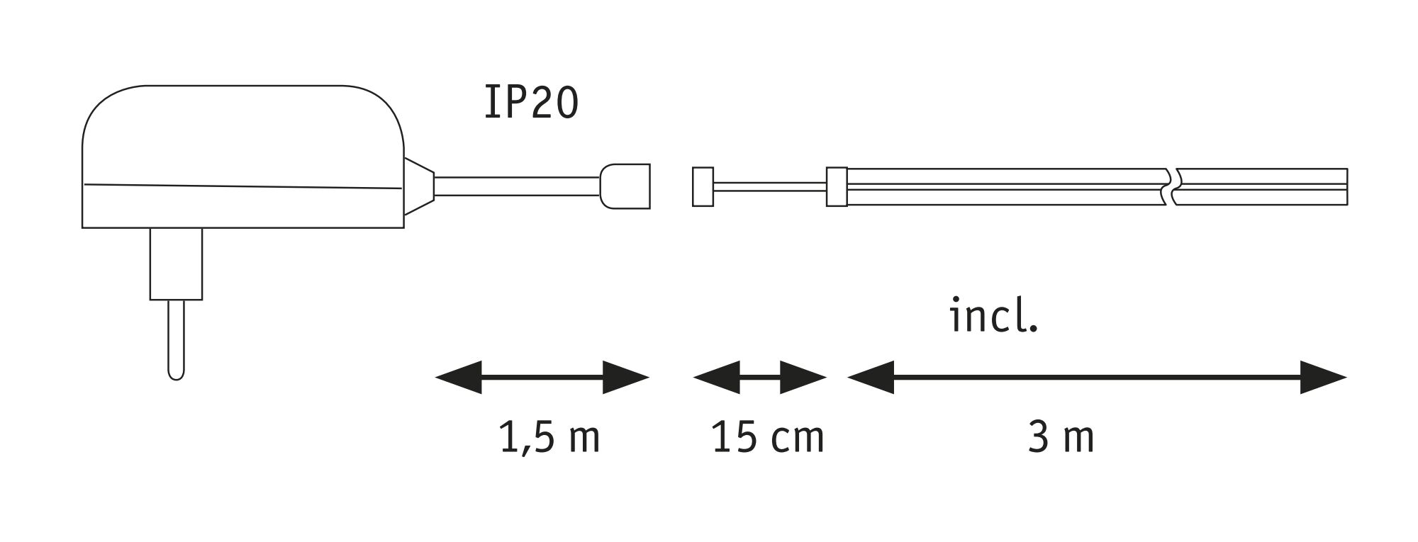 Technical drawing of power adapter with 1.5 m cable, 15 cm connector, and 3 m lead, IP20 rating