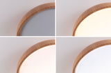 Vier close-ups van een ronde plafondlamp met houten frame en instelbare lichtkleur.