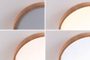 Four close-ups of a round ceiling light with wooden frame and adjustable light color.