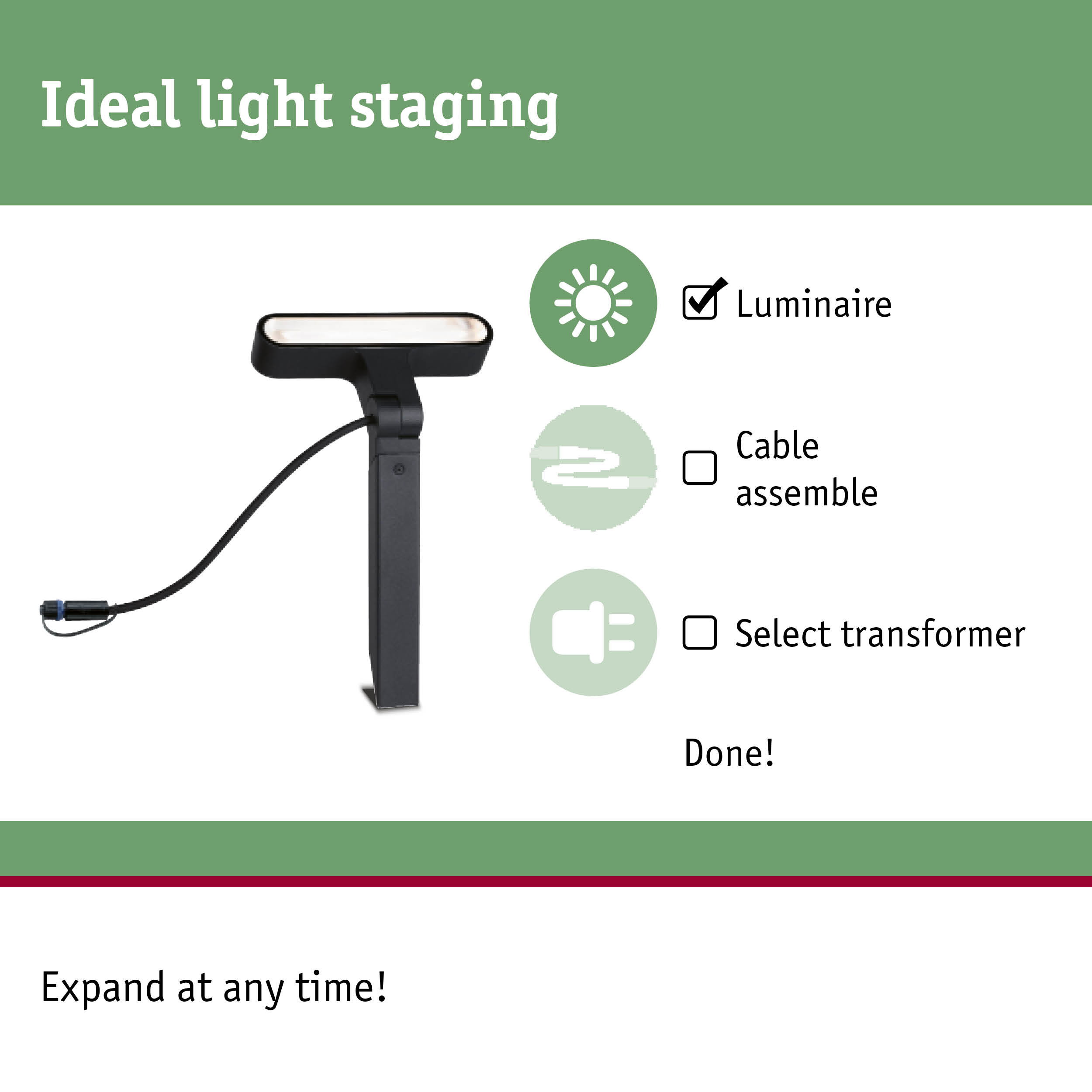 Black LED outdoor luminaire with cable for garden lighting, perfect for light staging and outdoor use