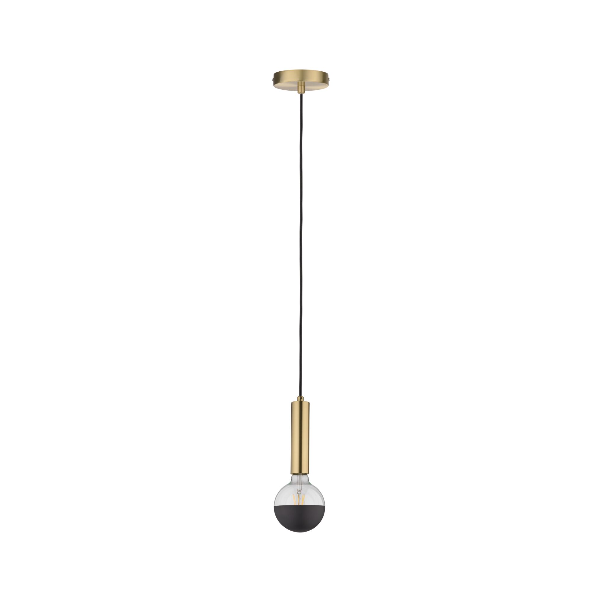 Moderne Pendelleuchte aus Messing mit schwarzem Kabel und halb schwarzer Glühbirne für stilvolle Beleuchtung