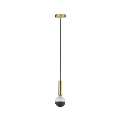 Modern brass pendant light with black cable and half black bulb for stylish interior lighting