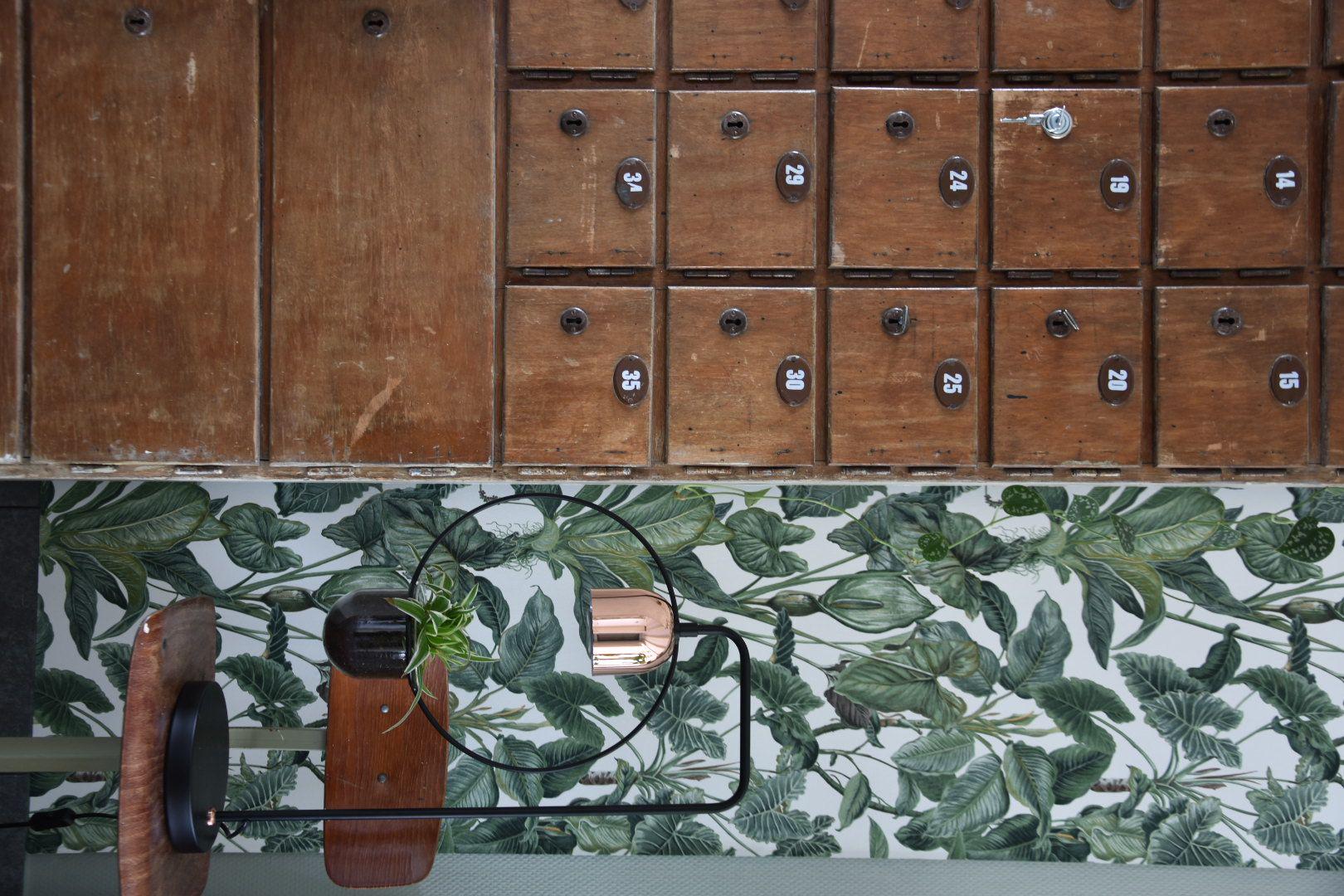 Modern plant lamp with copper shade against green leaf wallpaper and wooden cabinets in interior design