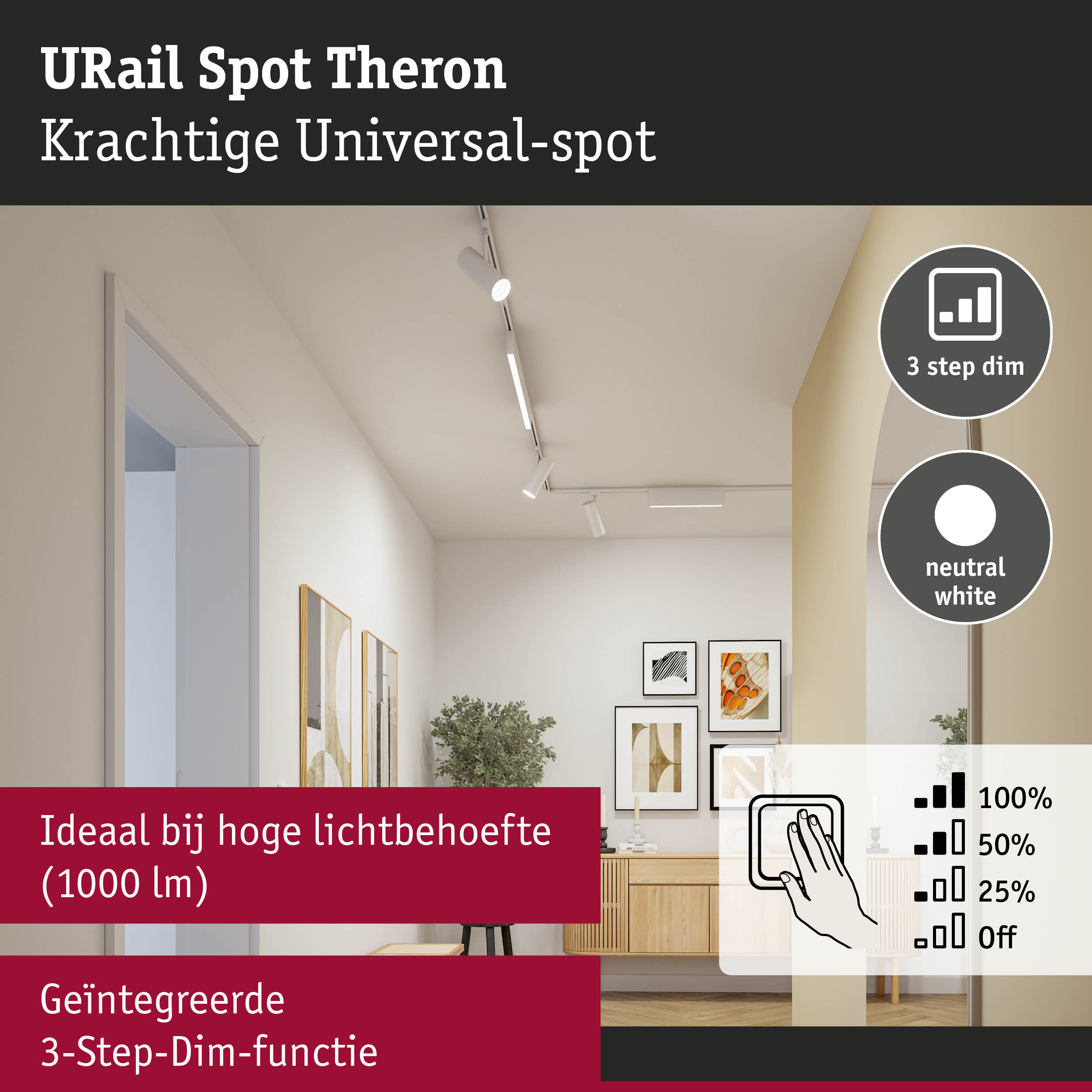 Witte URail Spot Theron plafondspot met 3-staps dimfunctie voor hoge lichtbehoefte