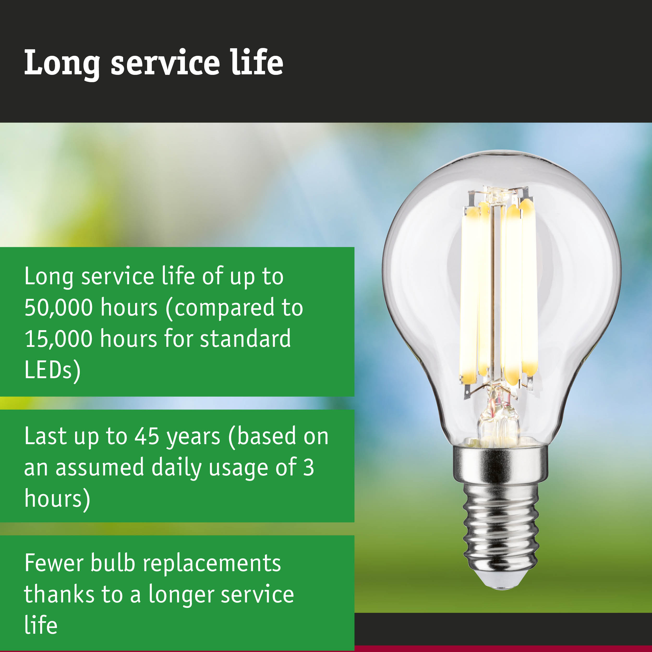 Long-lasting LED light bulb held in hand with green background, energy-saving LED lamp