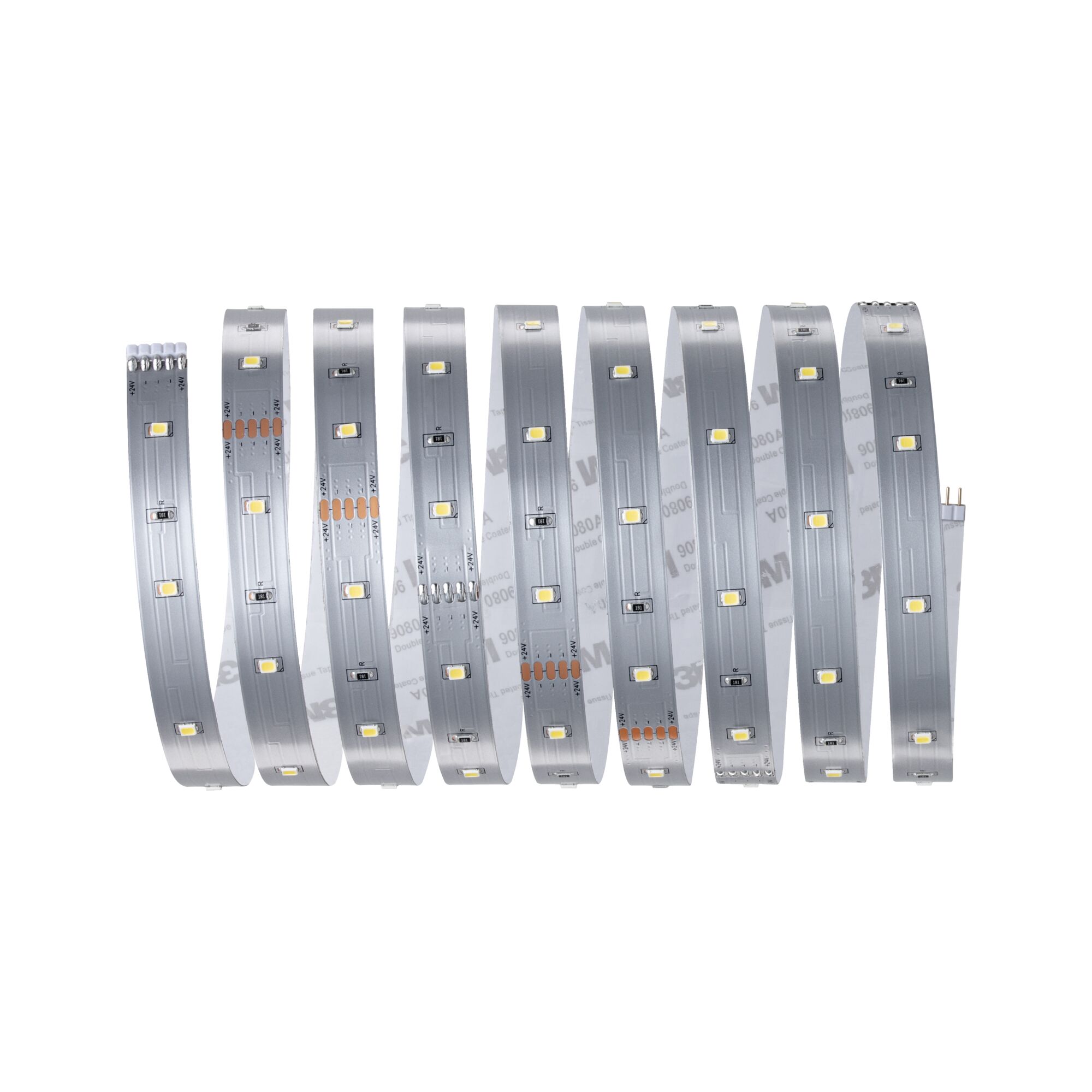 Flexibler LED-Streifen in Silber mit gelben LEDs, energiesparende Beleuchtung für Wohnräume.
