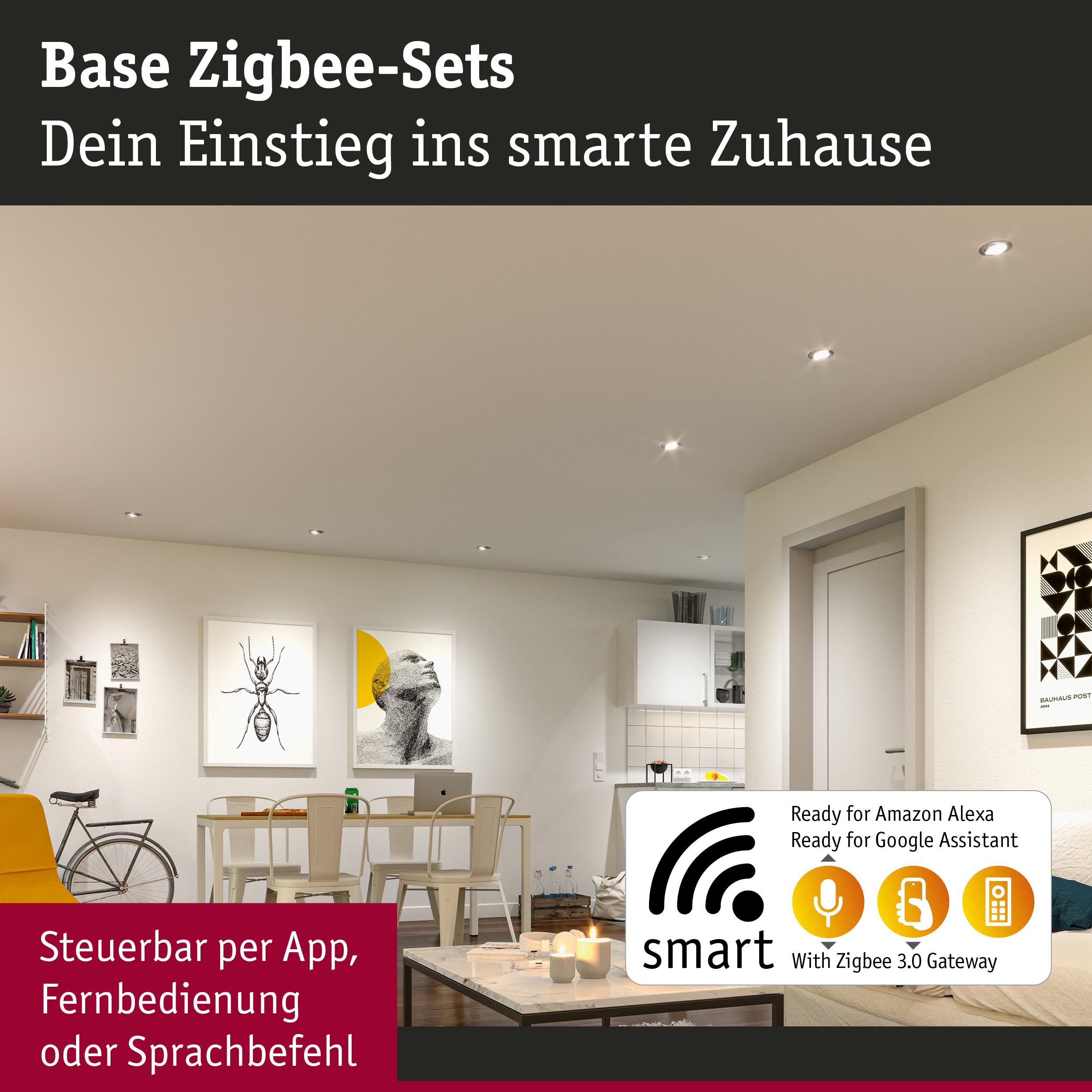 Modernes Wohnzimmer mit smarten Zigbee 3.0 Gateway Steuerung per App, Fernbedienung oder Sprachbefehl