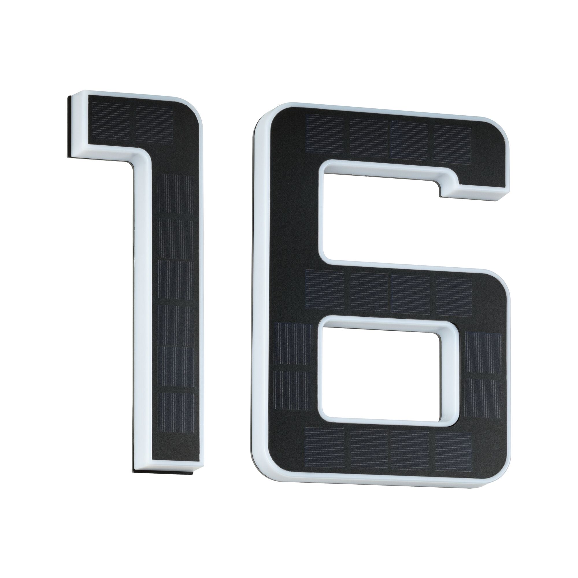 House number 16 with black solar panels and white frame for energy-efficient outdoor lighting