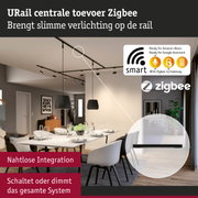 Moderne woonkamer met zwarte URail rail en slimme Zigbee verlichtingsintegratie