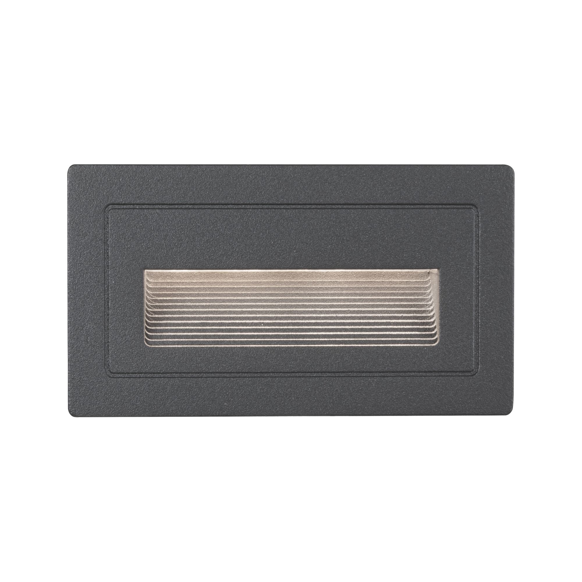 Rectangular black metal LED wall recessed light with silver louvered cover for indoor use