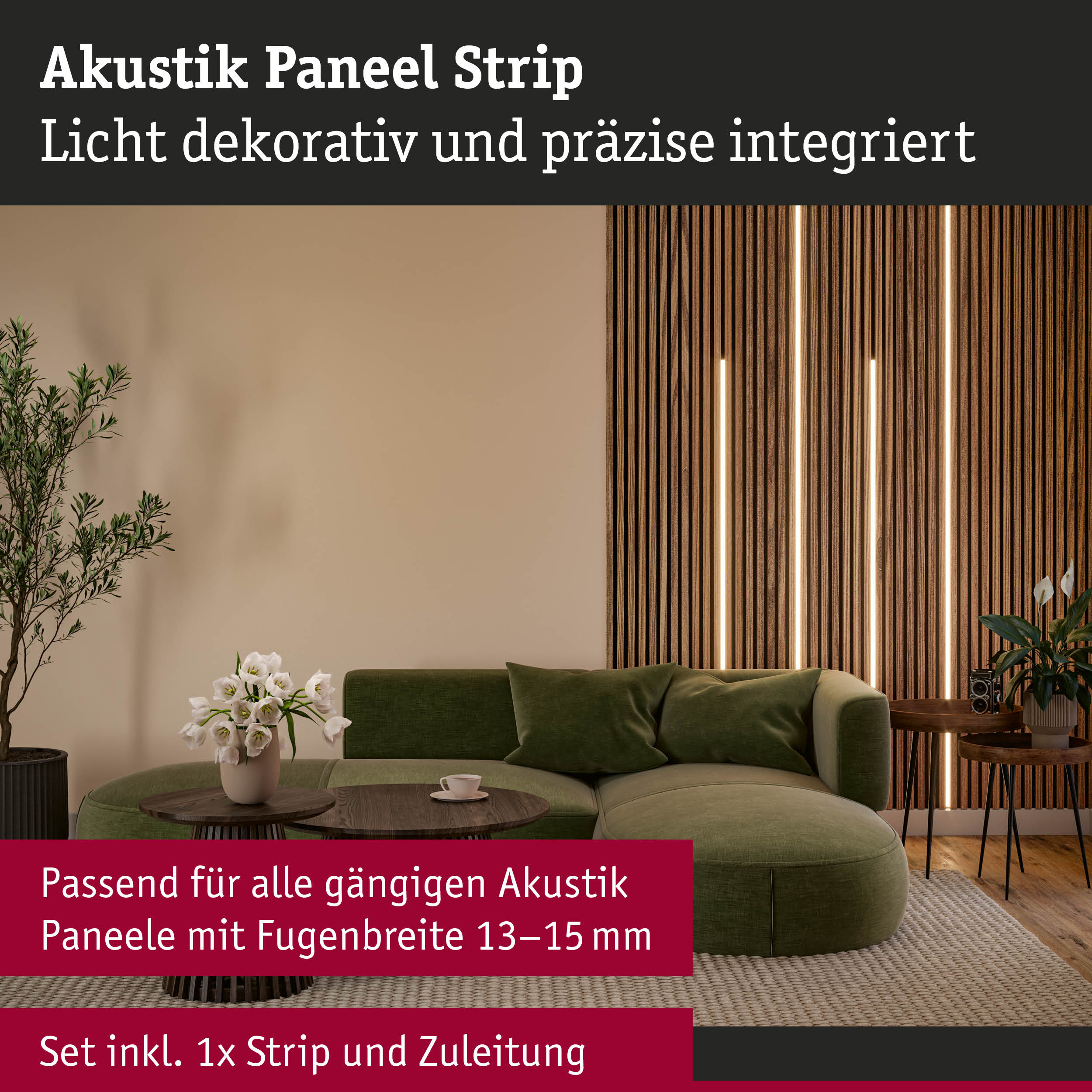 Akustik Paneel Strip aus Holz mit integrierter dekorativer Lichtleiste in modernem Wohnzimmer.