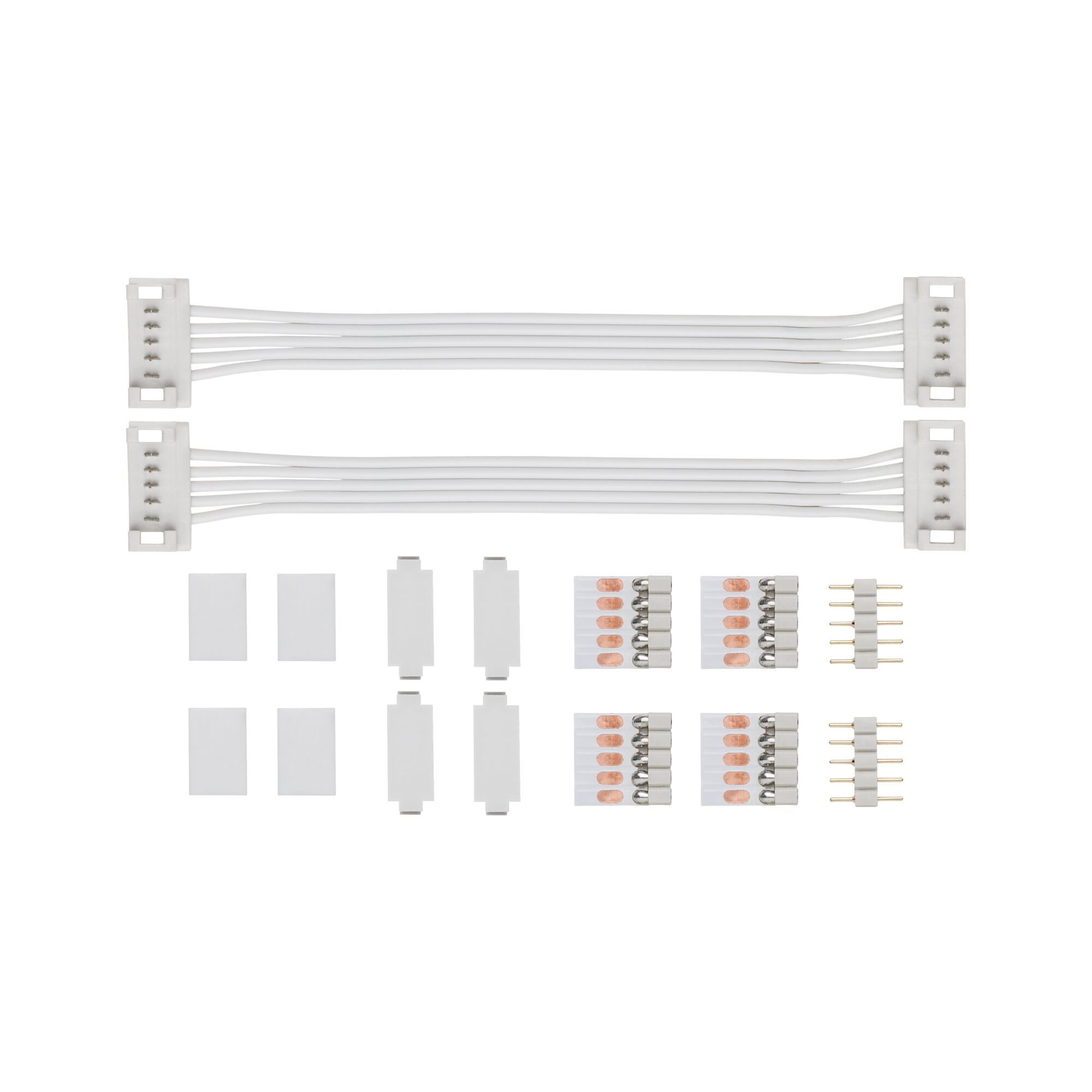 White LED connector cable set with plugs and clamps for flexible lighting installations
