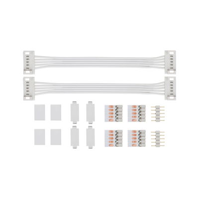 White LED connector cable set with plugs and clamps for flexible lighting installations