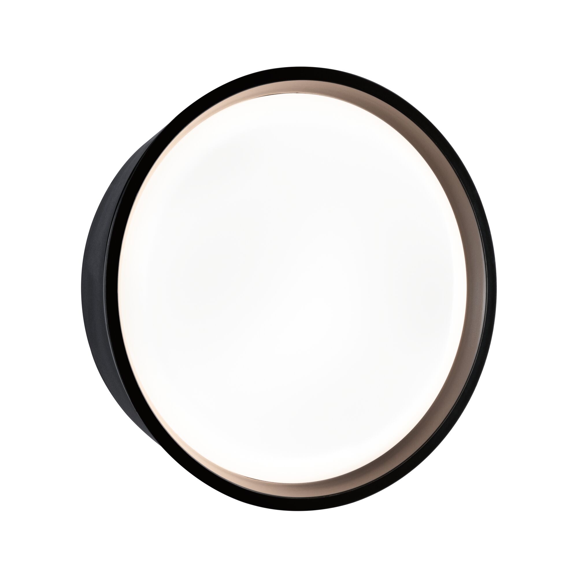 Round LED ceiling light with black metal frame and white diffuser for modern indoor lighting