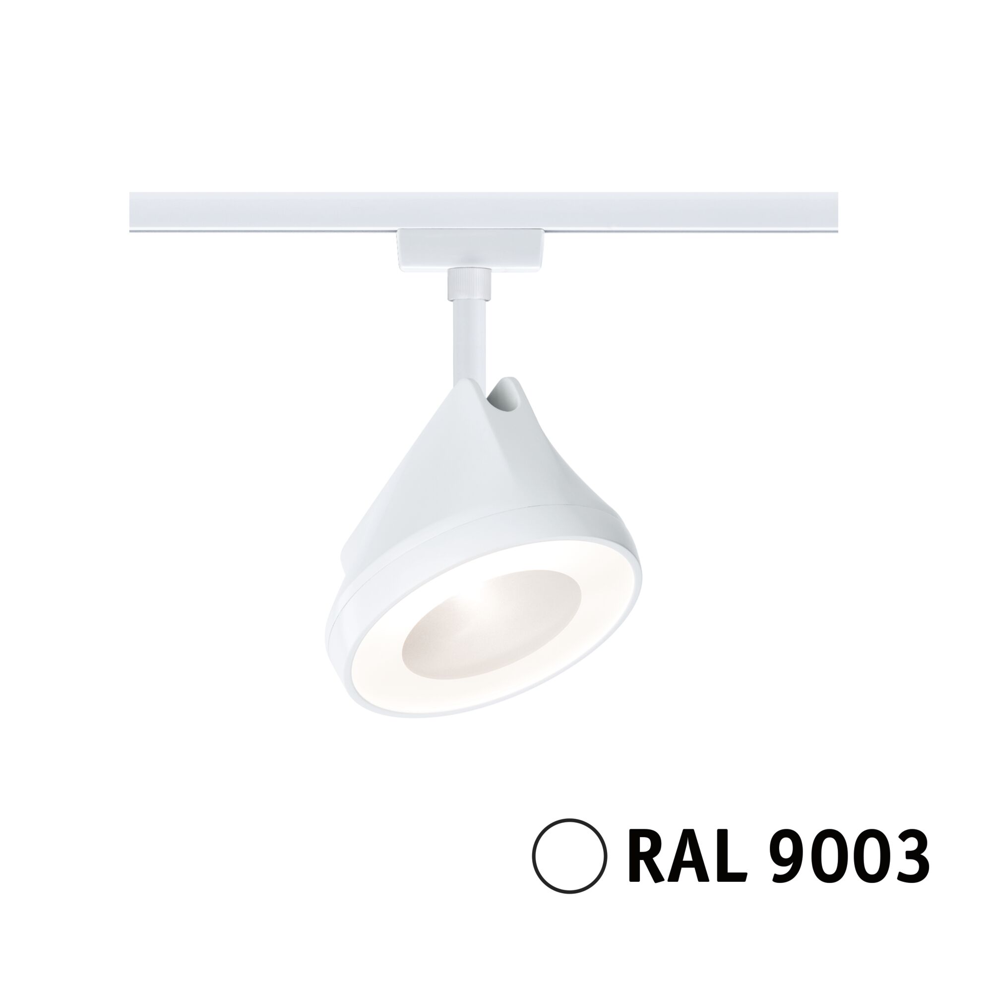 Moderner weißer LED-Spot aus Kunststoff für Schienensystem mit warmweißem Licht, RAL 9003.