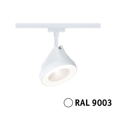 Moderner weißer LED-Spot aus Kunststoff für Schienensystem mit warmweißem Licht, RAL 9003.