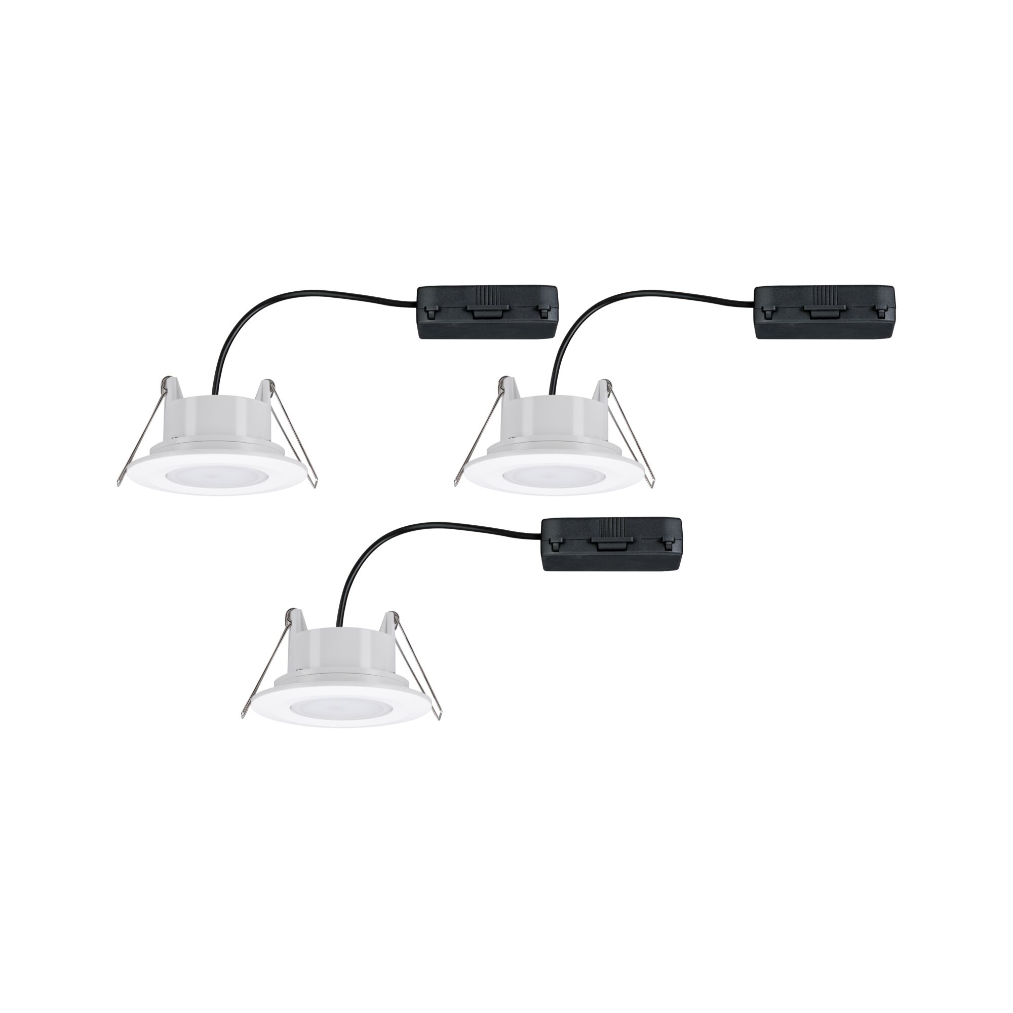 Hvide LED-indbygningsspots i plastik med sort kabel og tilslutningsboks til moderne belysning
